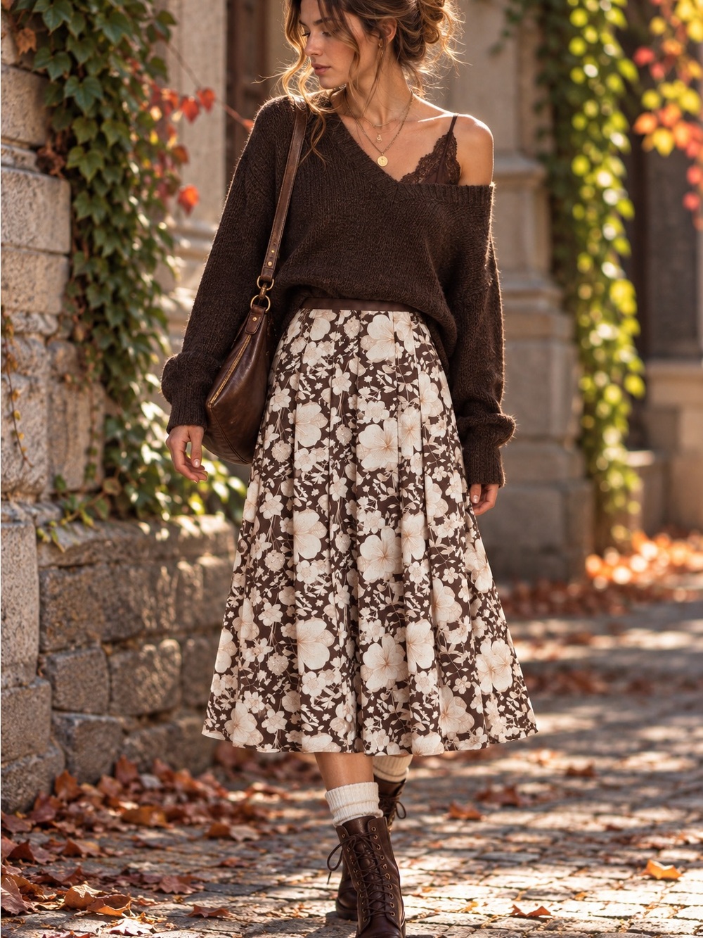 Silk Cotton Floral A-line Midi Skirt Boho Grunge Cottagecore 10P